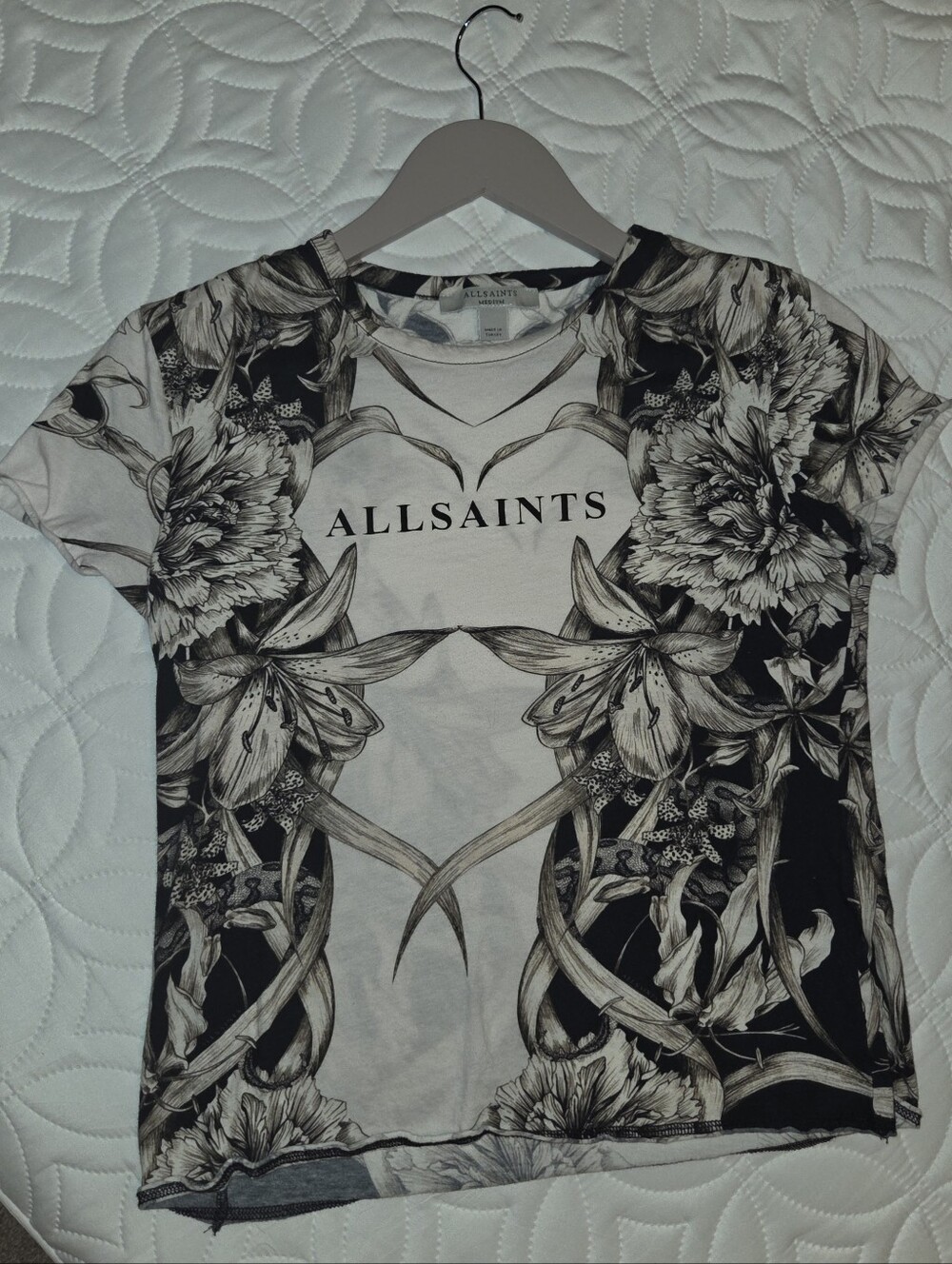 AllSaints Black & White Floral Logo Tee